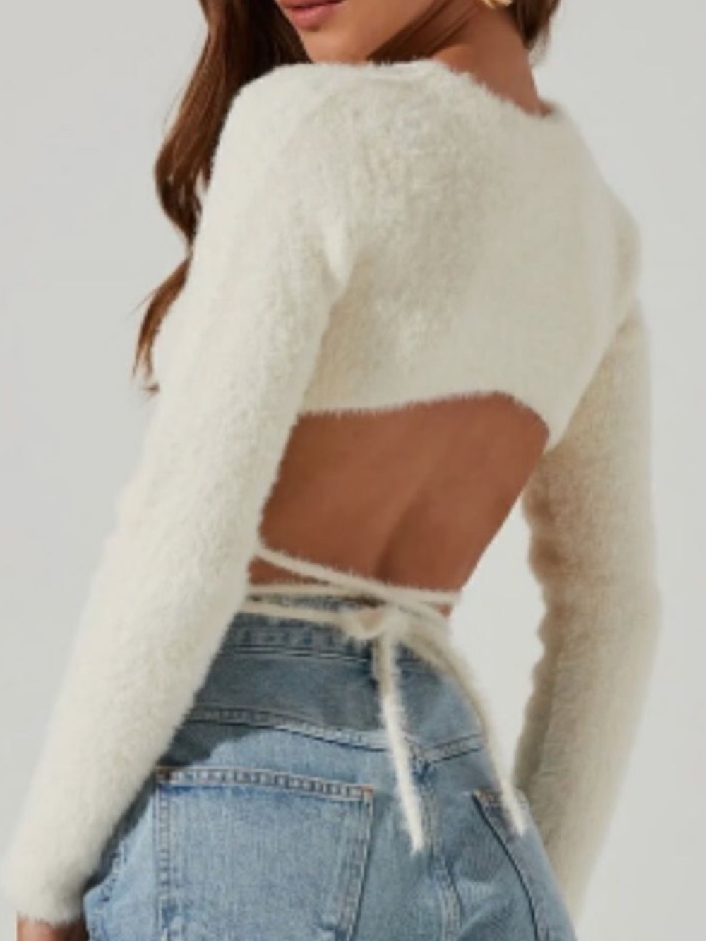 ASTR the Label Cream Fuzzy Cutout Back Wrap Sweater Small